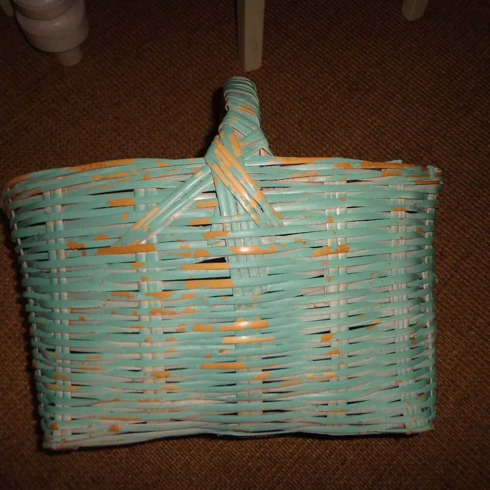 Painted Handled Wicker Basket Distressed Aqua Sturdy